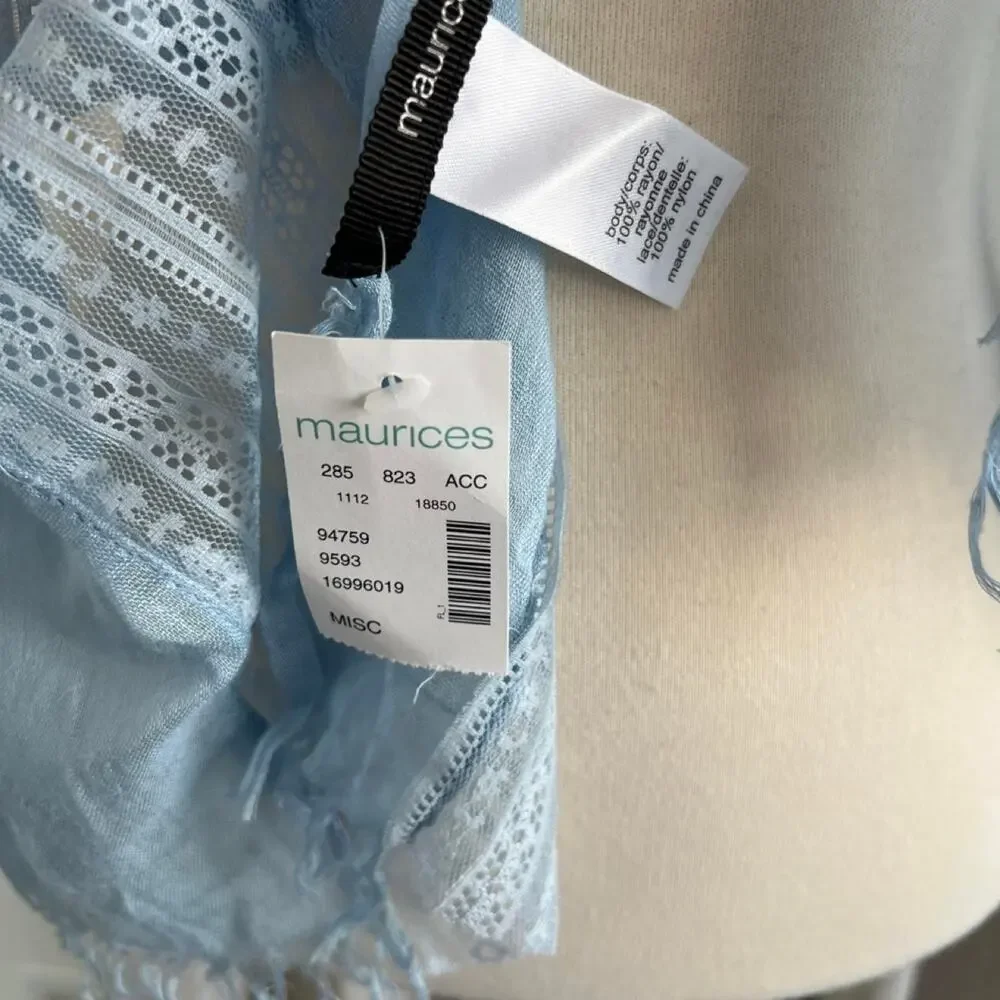 Maurices Light Blue Scarf Lace Panel Fringe Hem Lightweight Rayon NWT Women's OS